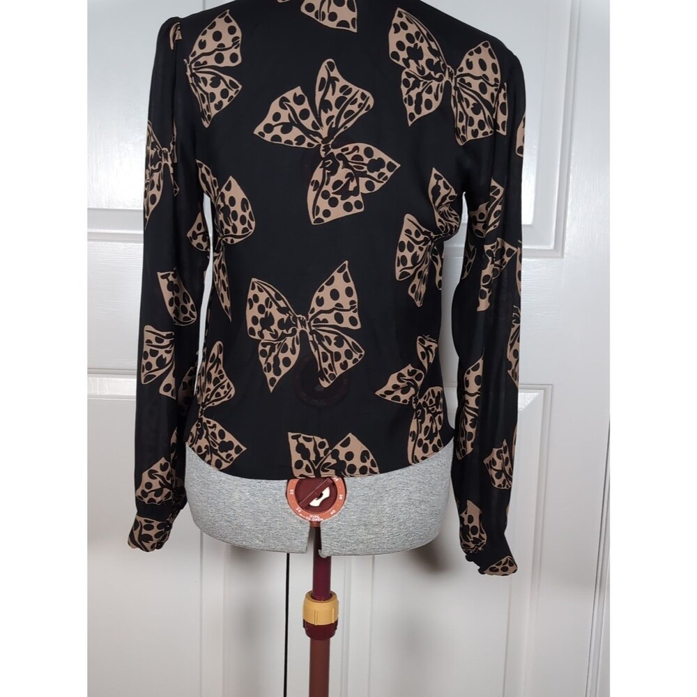 Milly New York Silk Bow Blouse Black Tan Scarf Tie Neck Long Sleeve Designer 4 - Picture 4 of 9